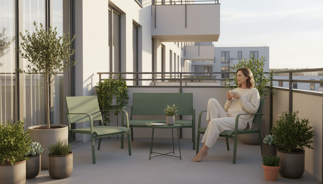 Salon de jardin Silvi vert sauge sur un petit balcon urbain