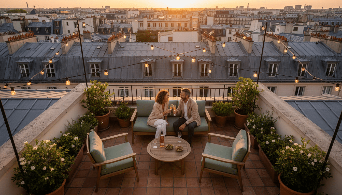 Terrasse aménagée avec le salon Sweeek Silvi quatre places au coucher du soleil