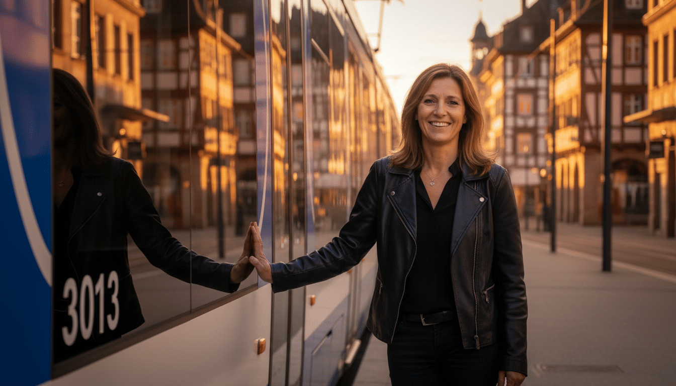 Sandra Rahm devant le tramway 3013 à Strasbourg