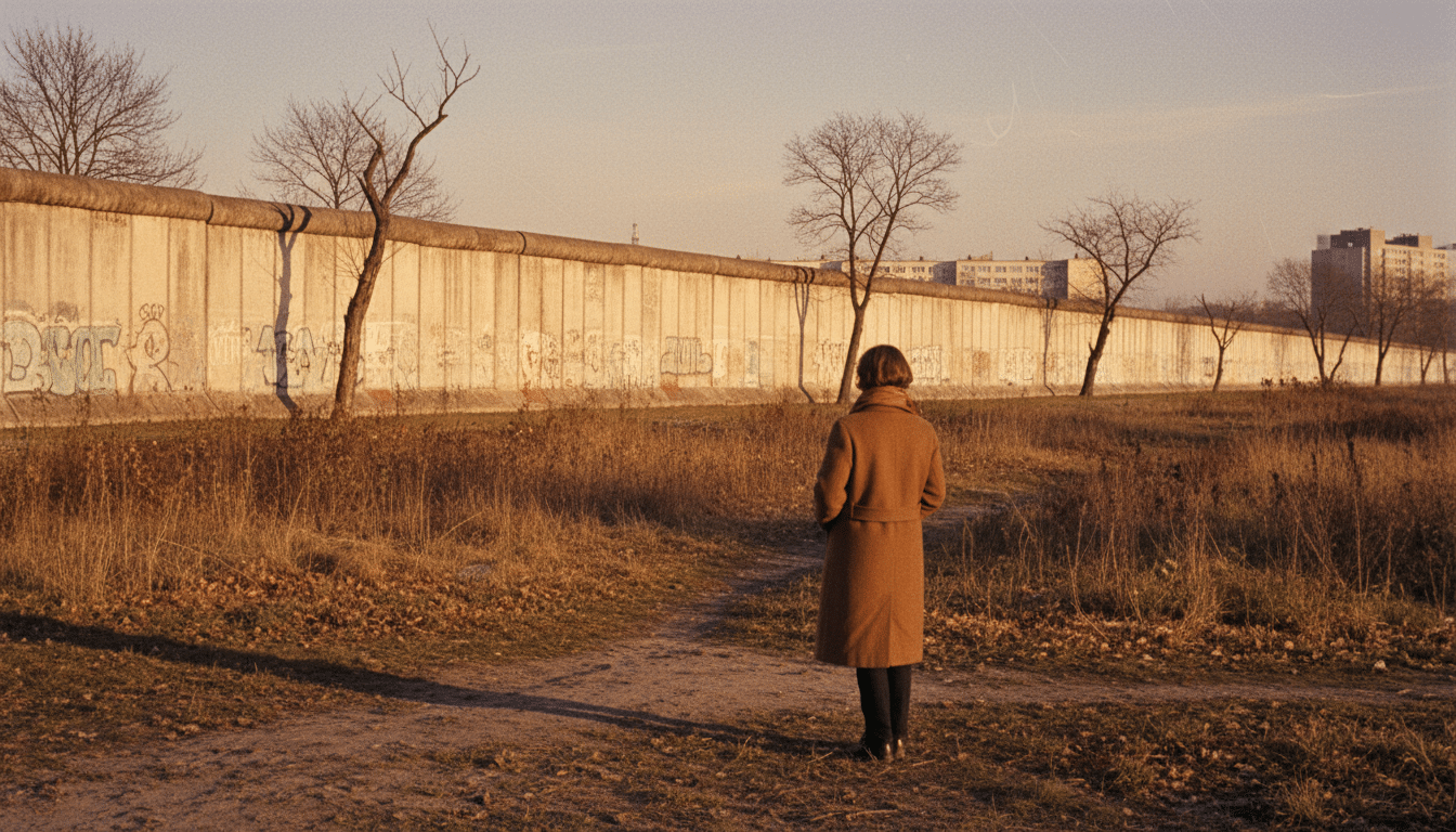 Femme devant le mur de Berlin en 1979