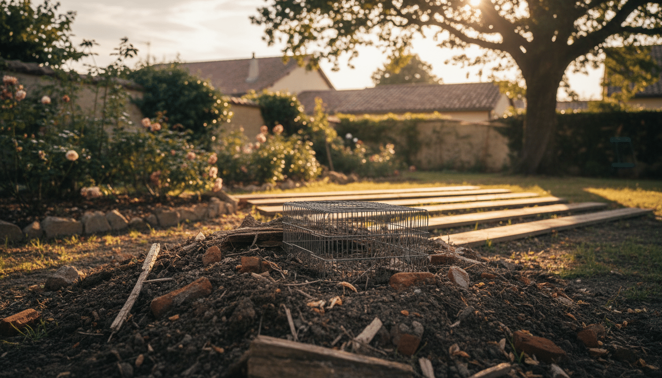 Cage piège enfouie sous des briques dans un jardin