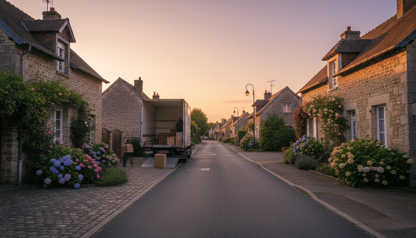 Rue résidentielle de Sainte-Jamme-sur-Sarthe avec camion de déménagement