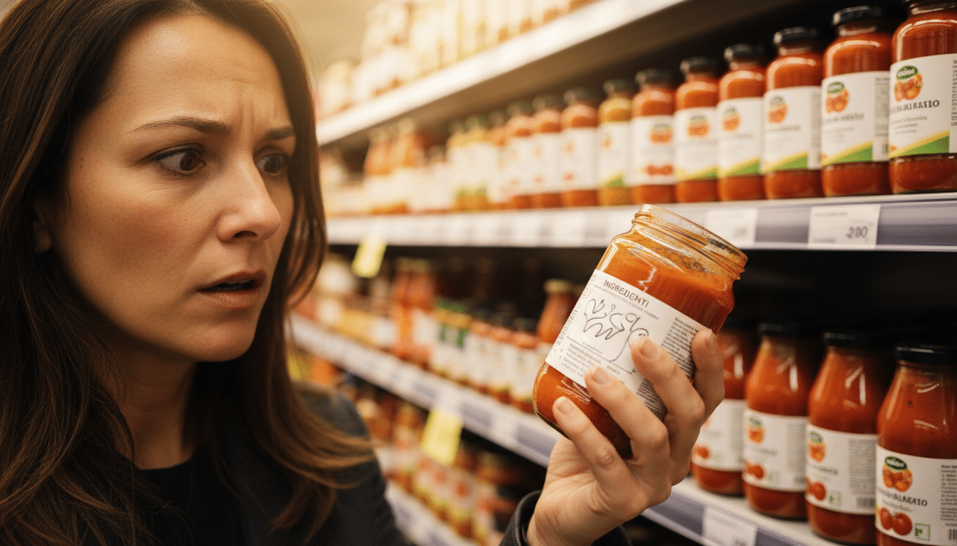 Femme examinant un bocal de coulis de tomate en supermarché