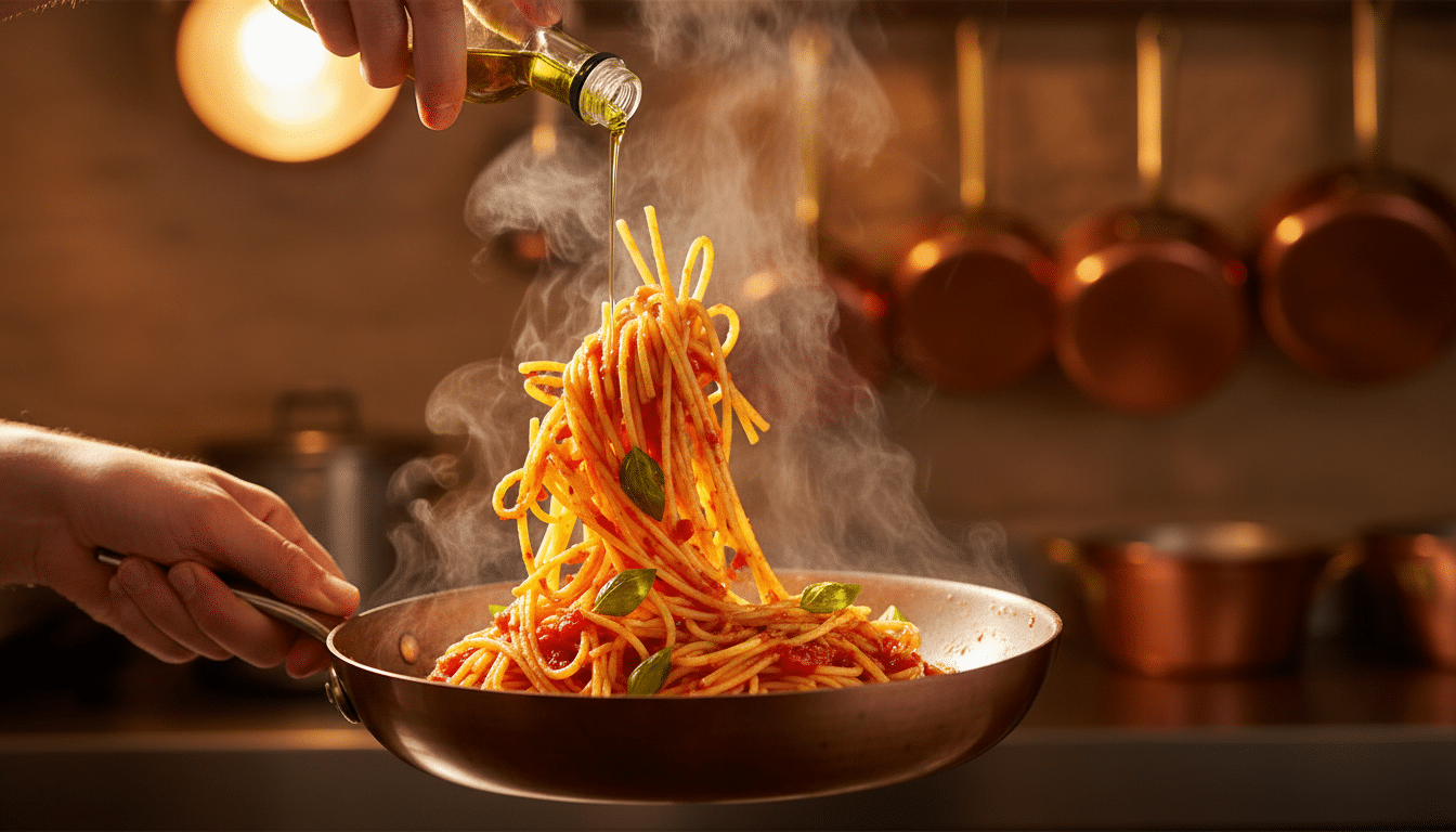 Pâtes cuisinées avec du coulis de tomate et du basilic frais