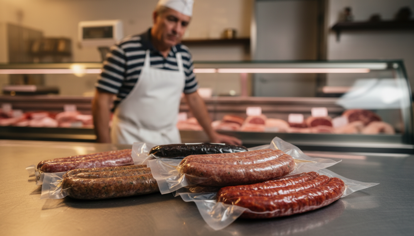 Saucisses emballées sur un comptoir de boucherie
