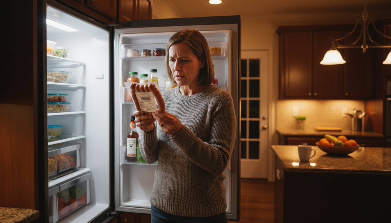 Personne vérifiant l'étiquette de saucisses dans son frigo