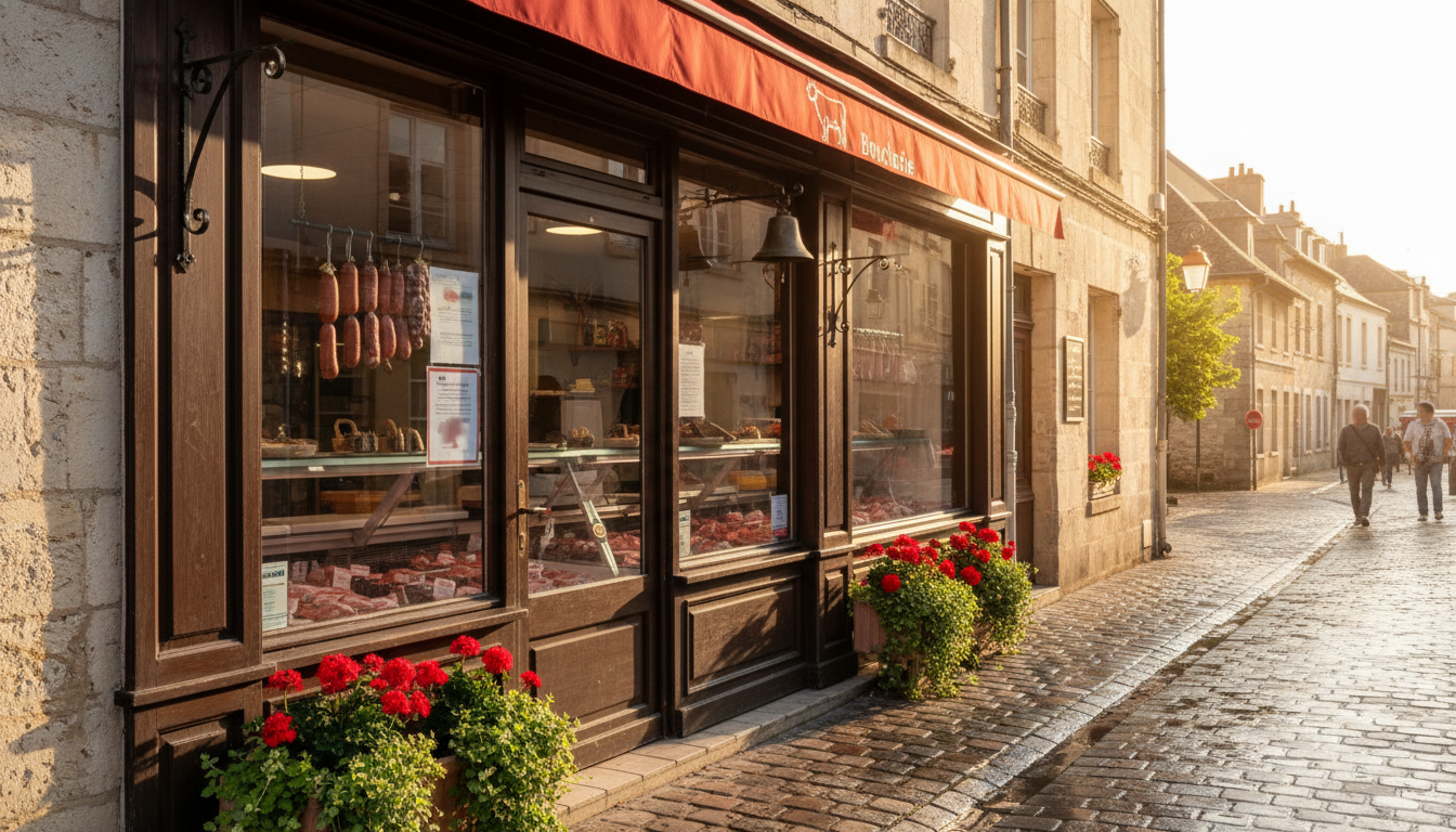 Boucherie de quartier avec un avis de rappel affiché