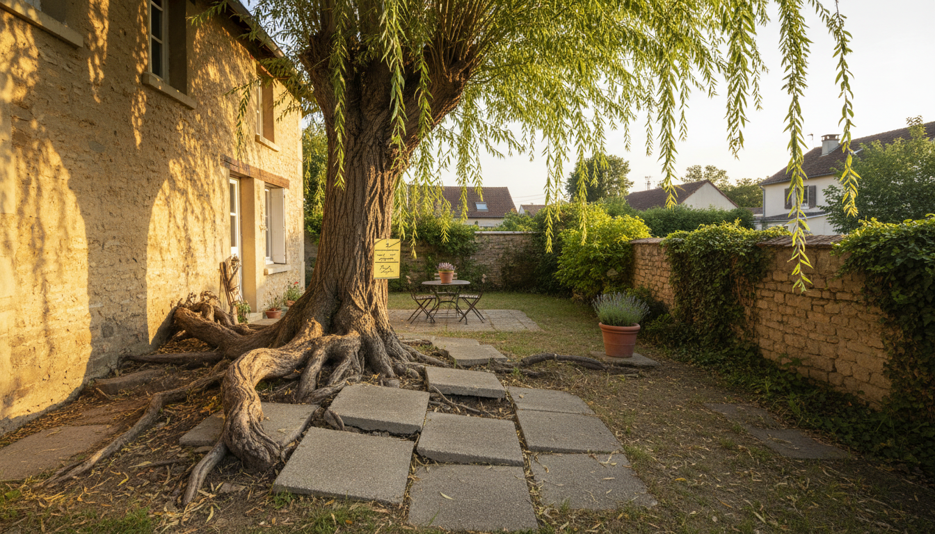 Racines de peuplier soulevant les dalles dans un jardin