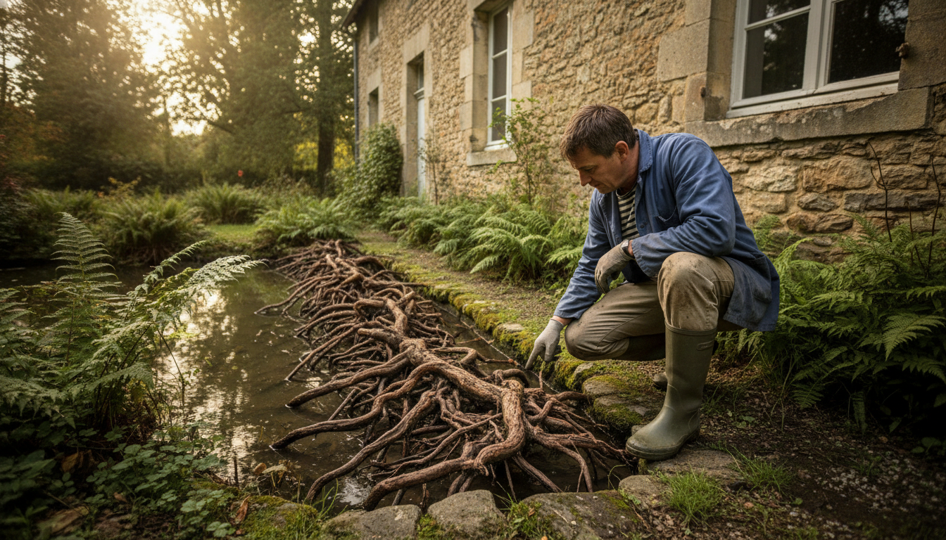 Racines d'aulne envahissant un drain le long d'un mur de maison
