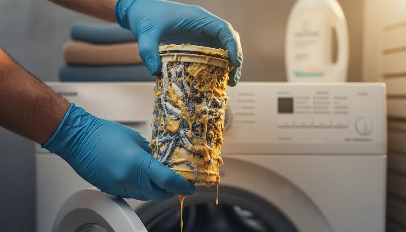 Filtre de vidange de machine à laver encrassé par du savon de Marseille