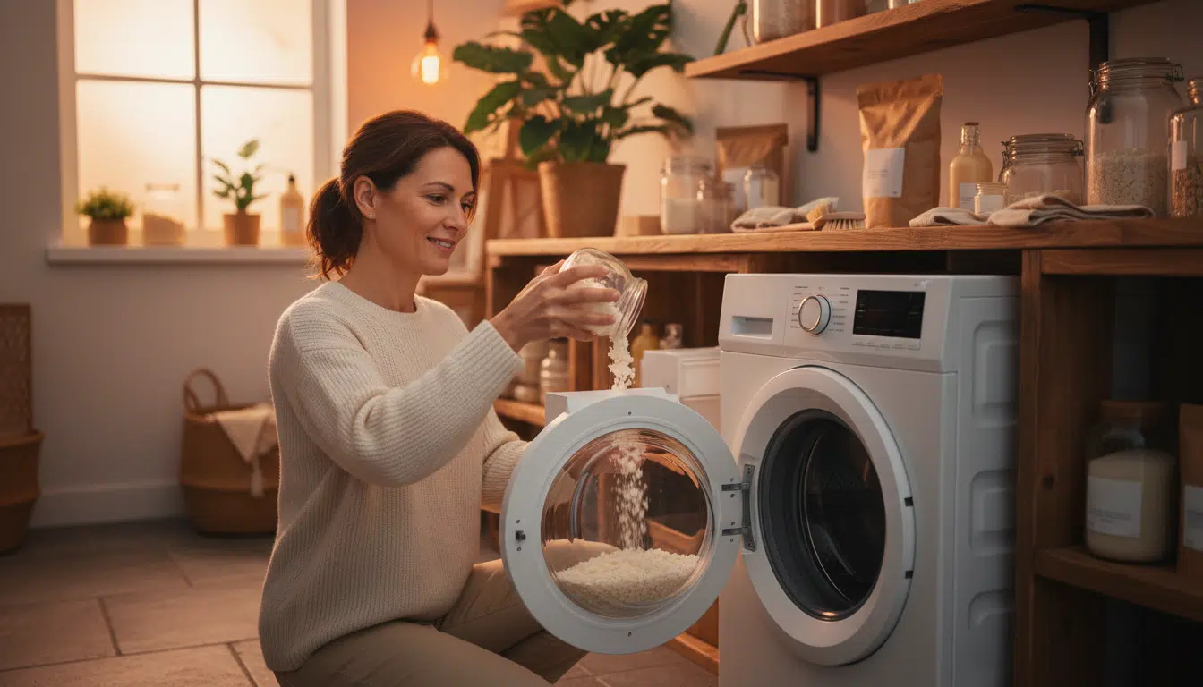 Femme versant des copeaux de savon de Marseille dans un lave-linge