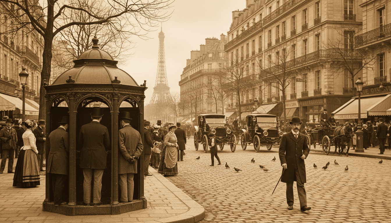 Scène de rue parisienne avec des Vespasiennes au 19e siècle.
