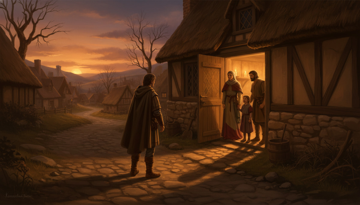 Scène médiévale de séparation et vœu protecteur avant le voyage