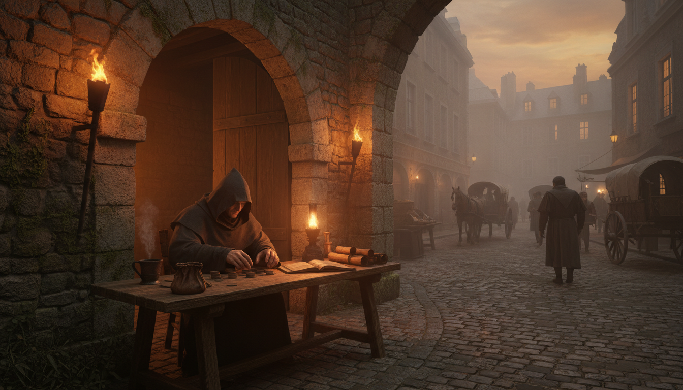 Scène médiévale moine comptant pièces par groupe de vingt