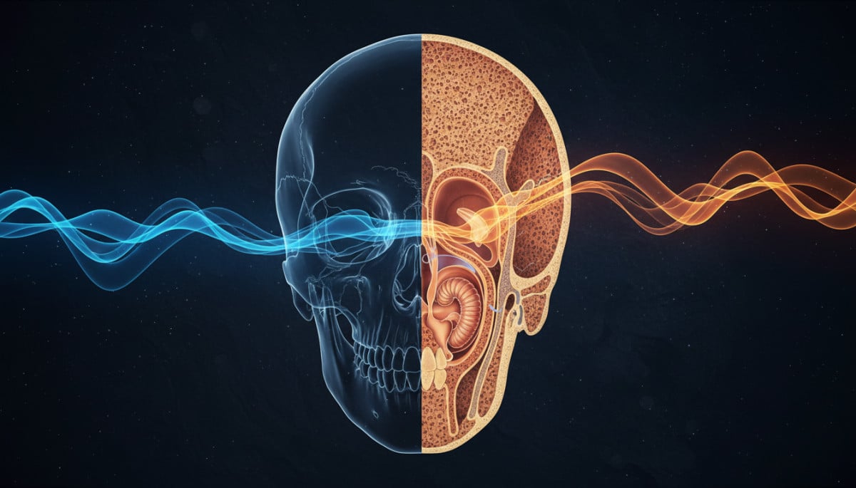 Schéma conduction osseuse et aérienne dans le crâne