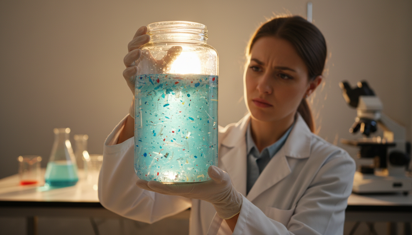 Scientifique analysant des microplastiques dans un bocal d'eau