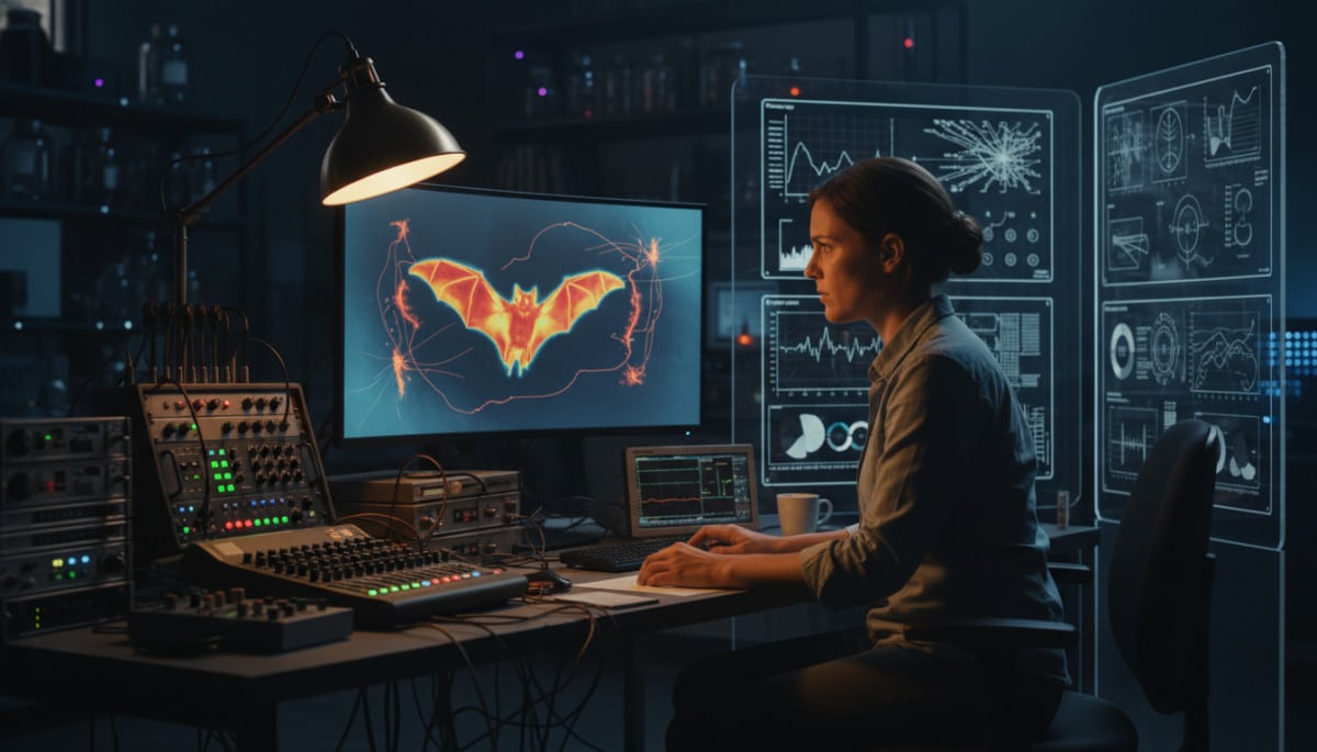 Scientifique analysant le vol de chauves-souris en laboratoire