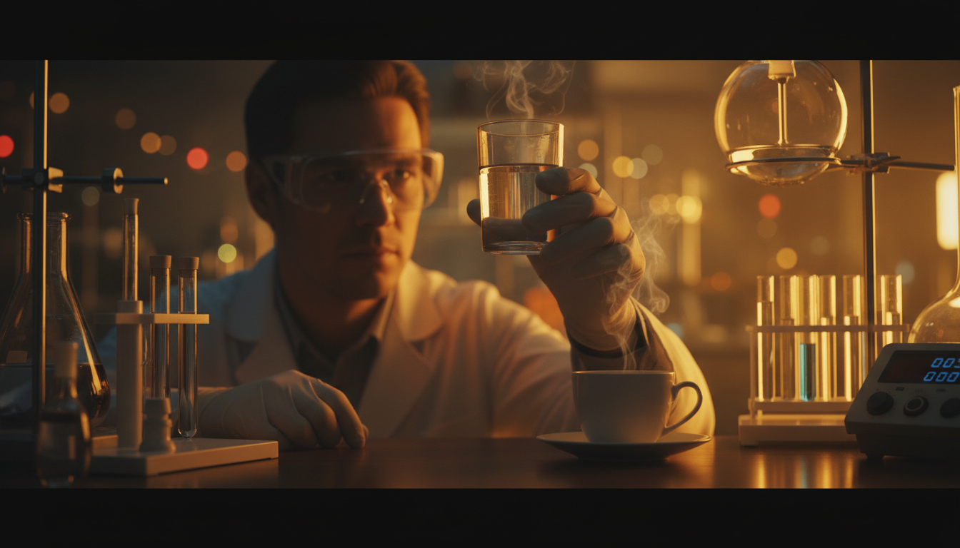 Scientifique comparant eau et café en laboratoire