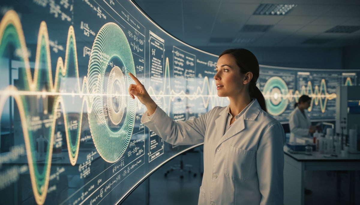 Scientifique devant un schéma mathématique de rayures