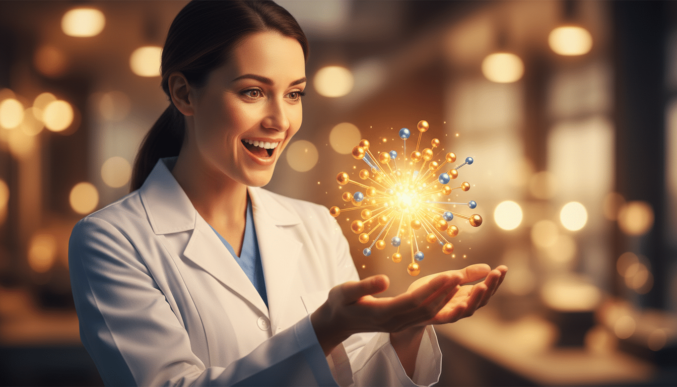 Scientifique émerveillée devant une molécule lumineuse