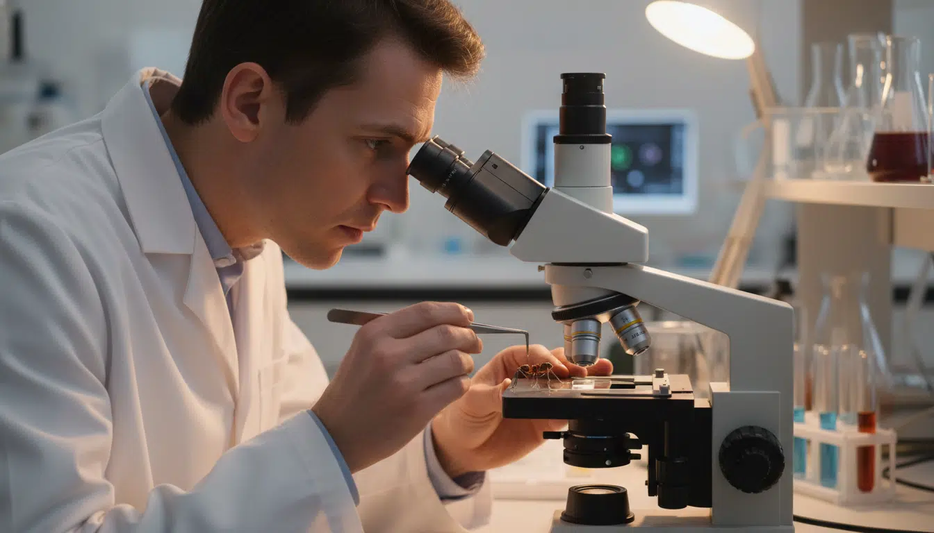 Scientifique fixant des échasses sur les pattes d'une fourmi