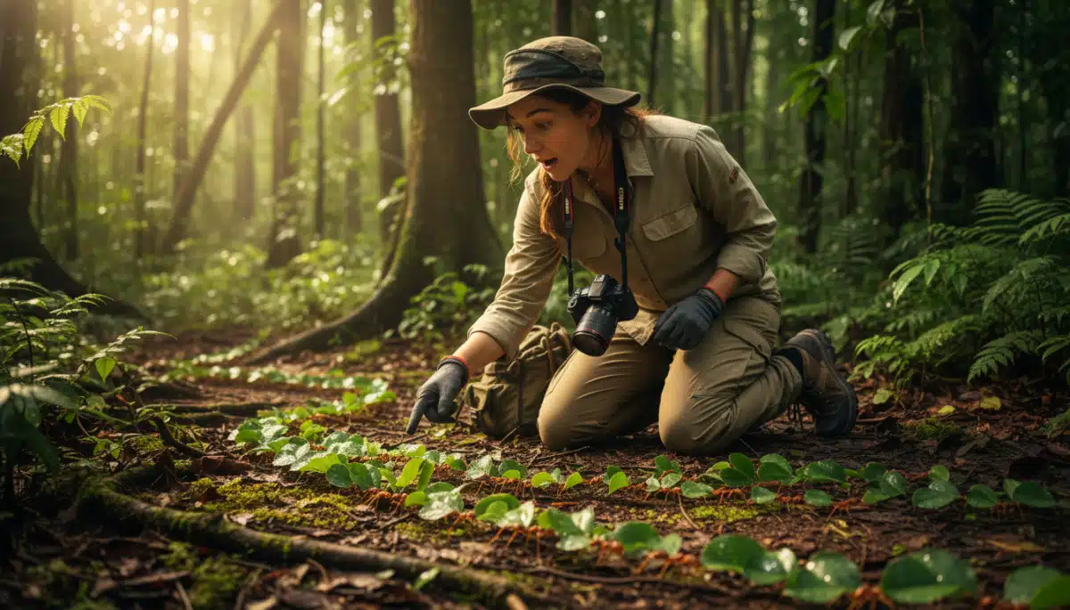 Scientifique observant des fourmis coupeuses de feuilles en forêt tropicale