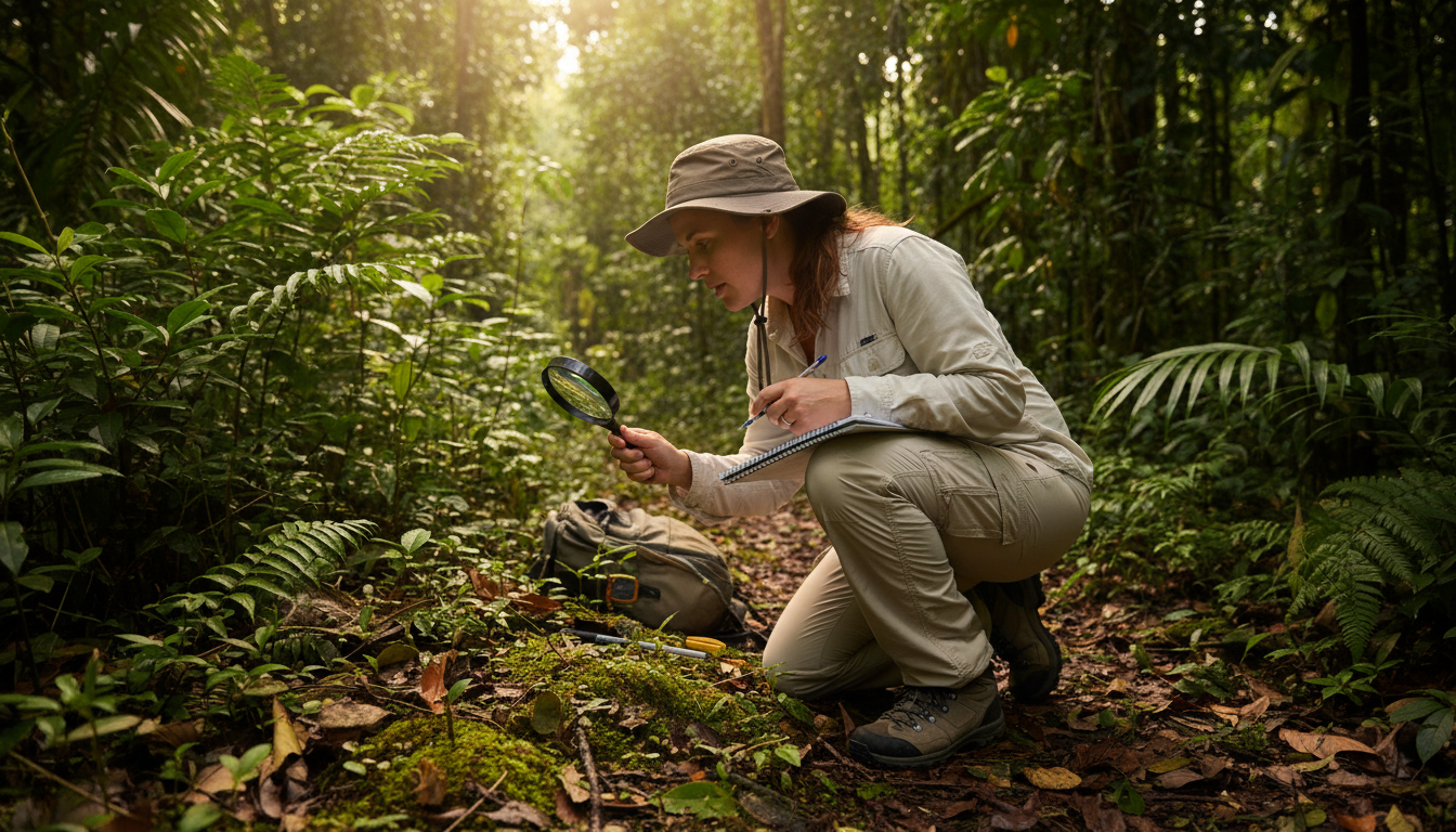 Scientifique observant des fourmis en forêt tropicale