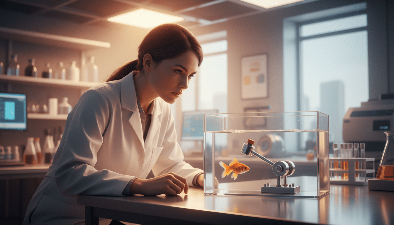 Scientifique observant un poisson rouge en laboratoire