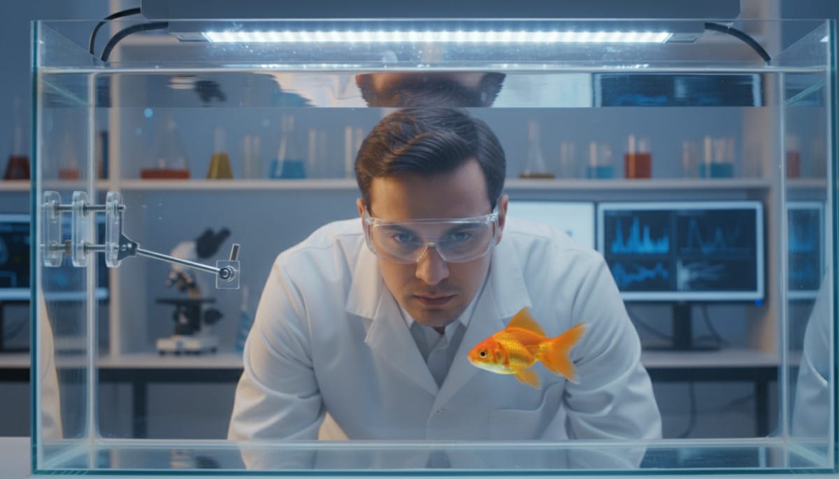 Scientifique observant un poisson rouge en laboratoire