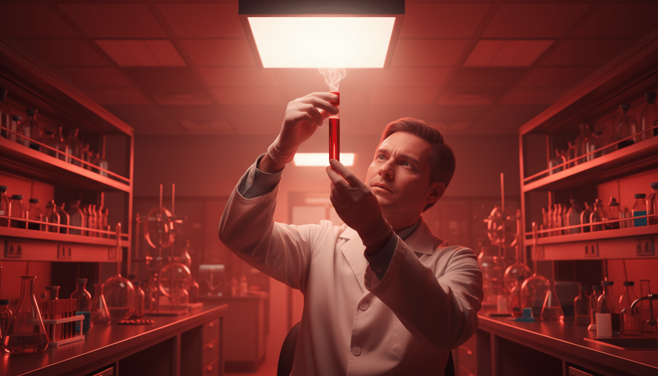 Scientifique tenant un tube de sang rouge en laboratoire