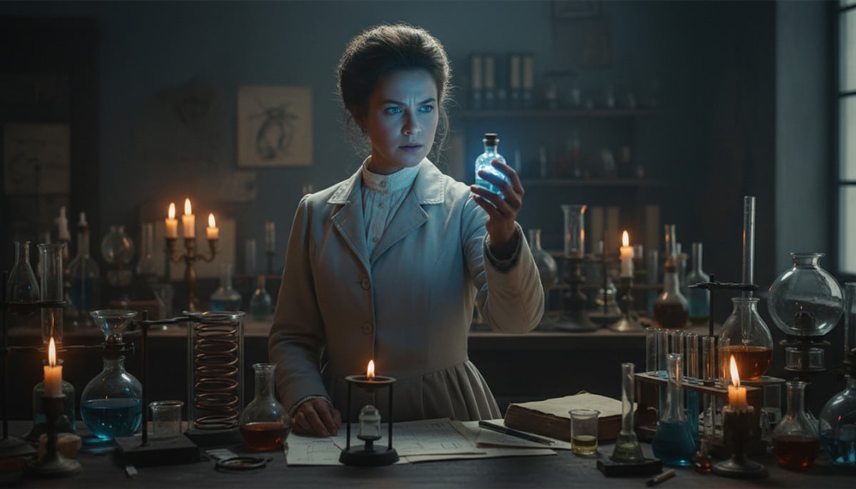 Scientifique tenant une fiole lumineuse dans un laboratoire ancien