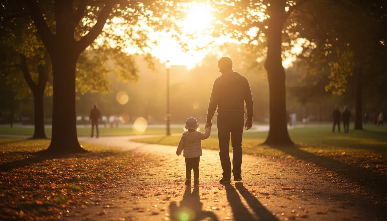 Père tenant la main de son enfant dans un parc