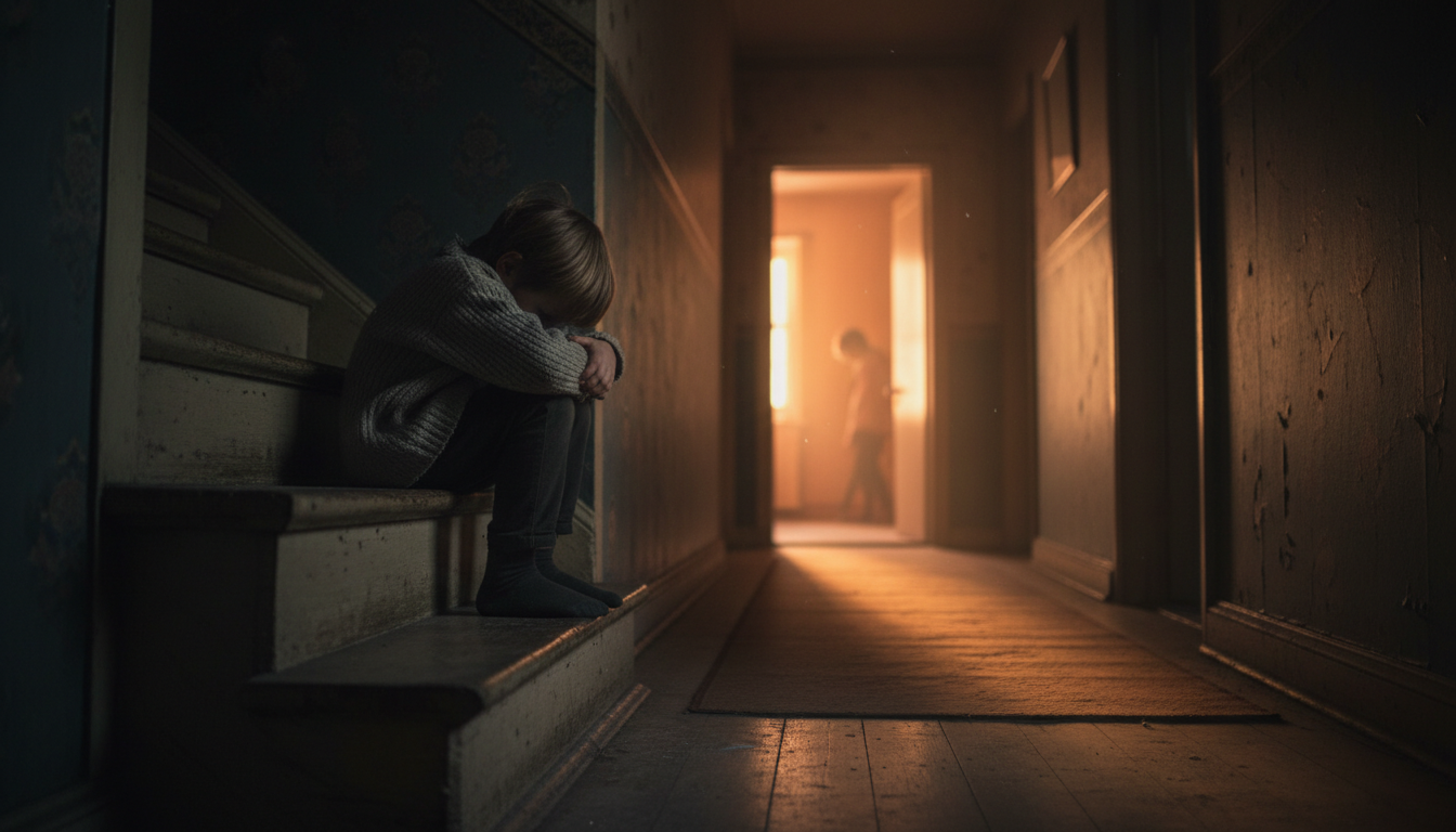 Enfant seul assis dans un escalier sombre
