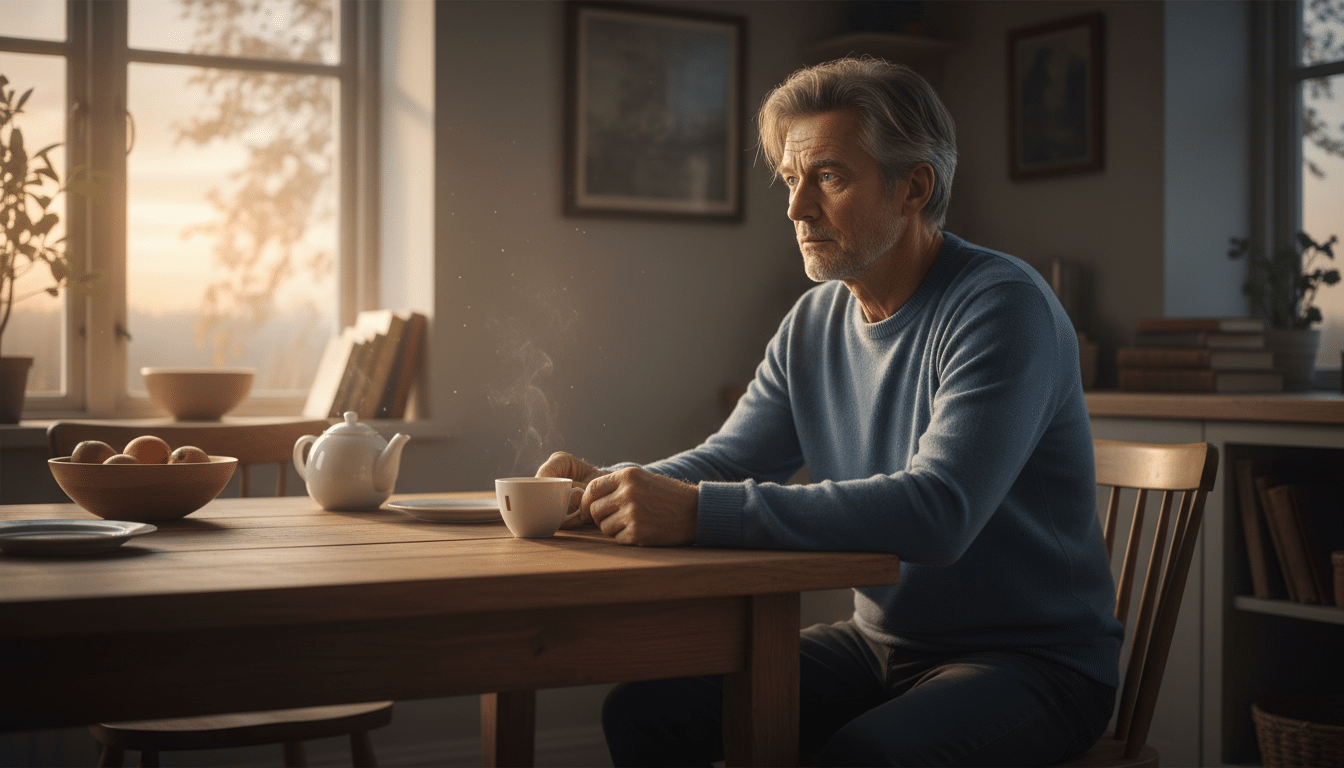 Retraité seul devant son café le matin