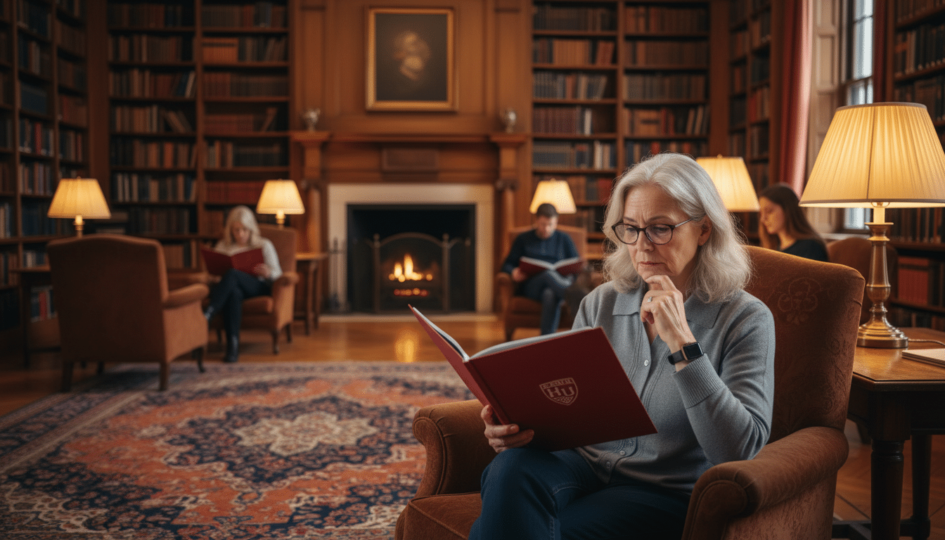 Femme senior lisant un rapport dans une bibliothèque