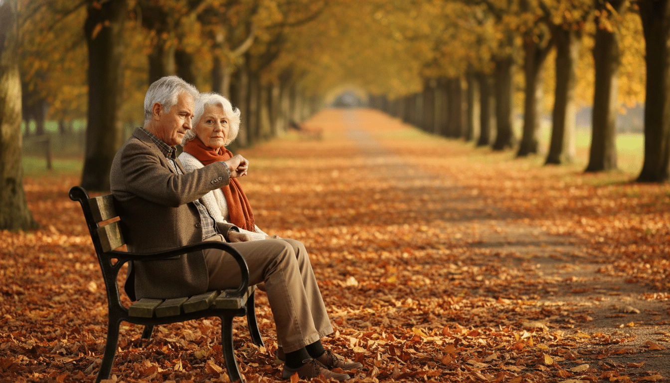 Couple de retraités assis sur un banc en automne