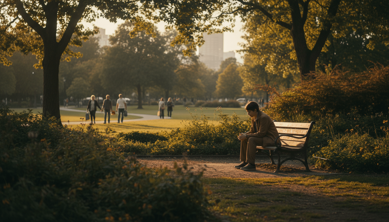 Personne isolée sur un banc dans un parc verdoyant