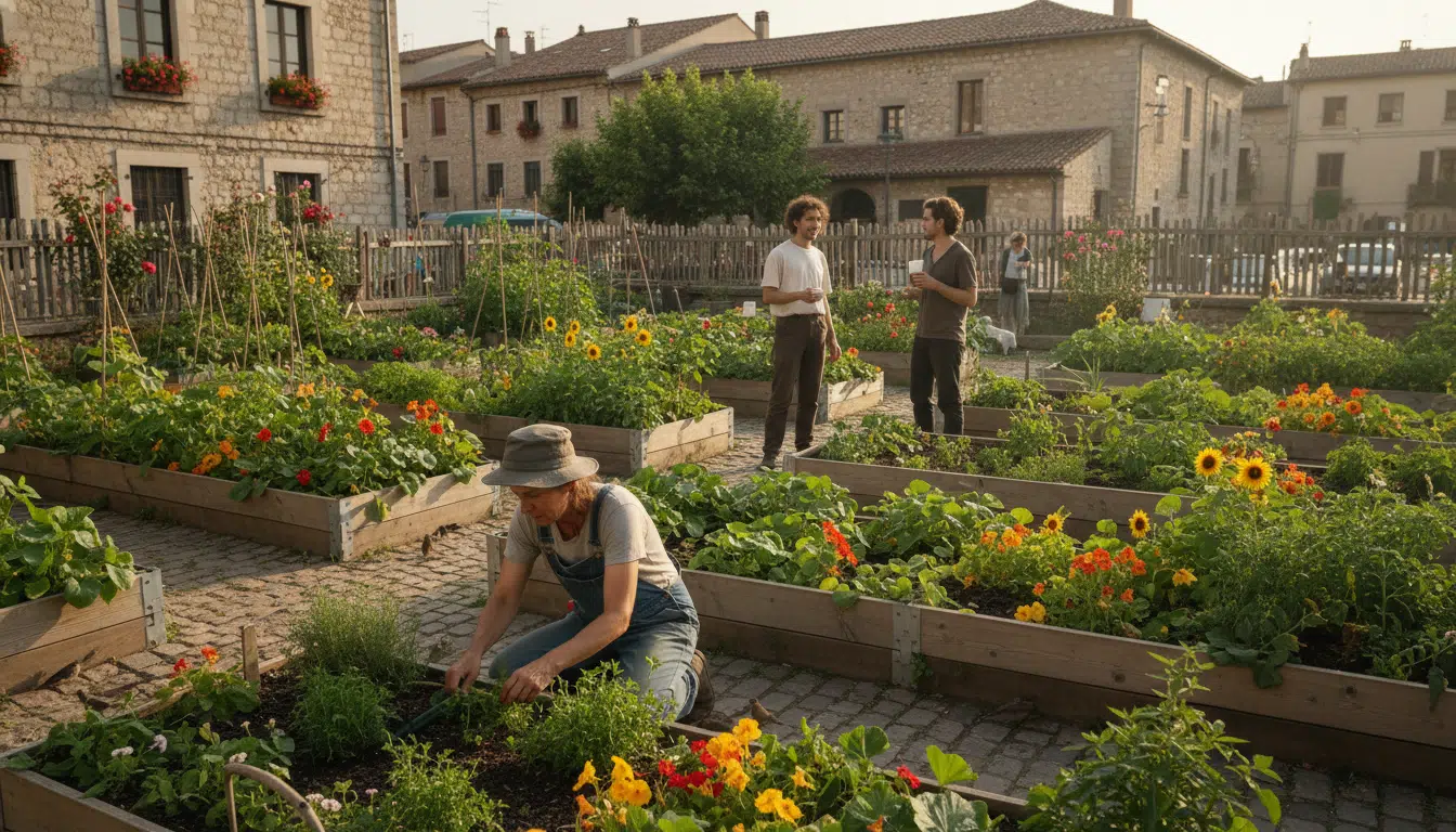 Jardin communautaire urbain avec bénévole travaillant seul