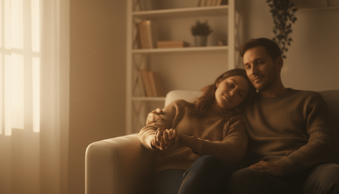 Couple complice se tenant la main sur un canapé