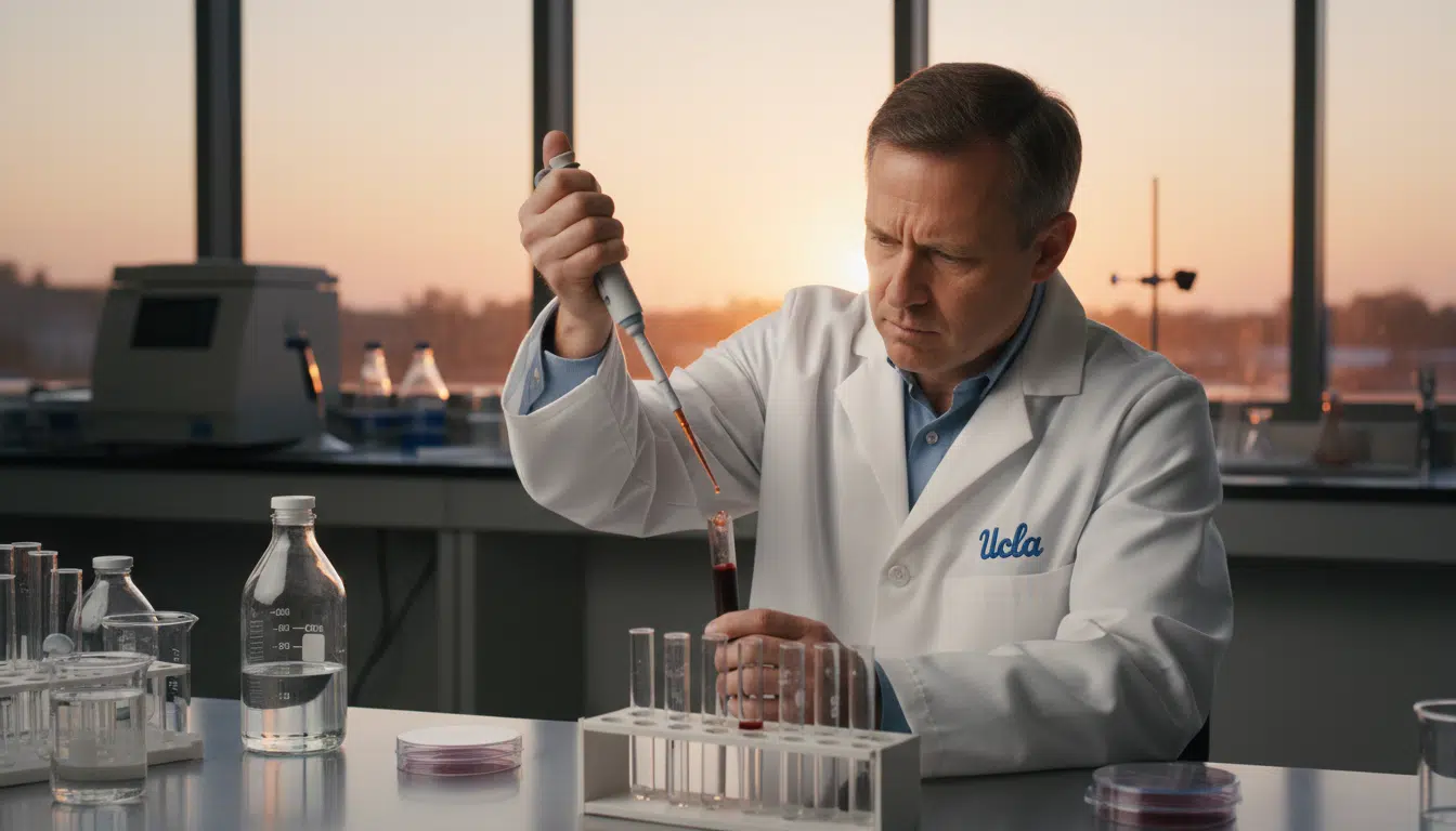 Chercheuse filtrant un échantillon sanguin en laboratoire