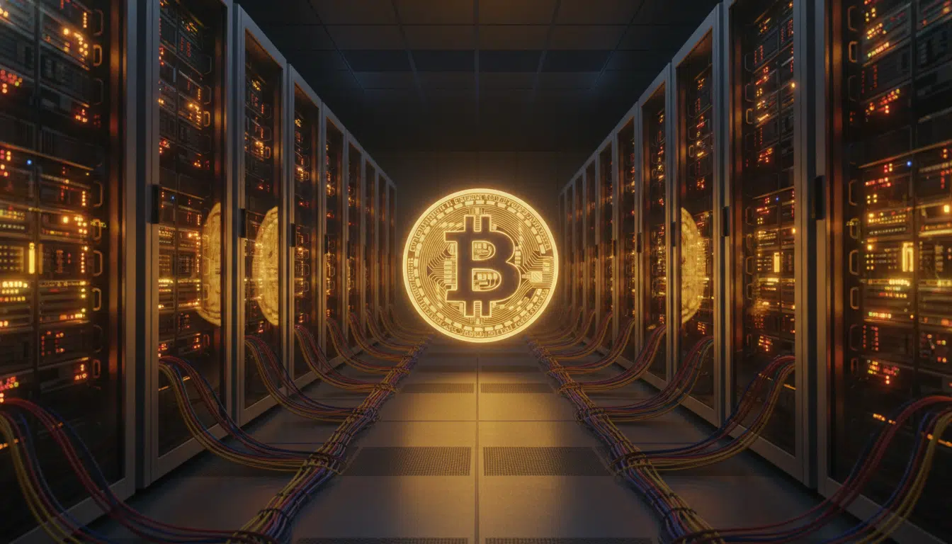 Serveurs informatiques illuminés avec symbole Bitcoin holographique