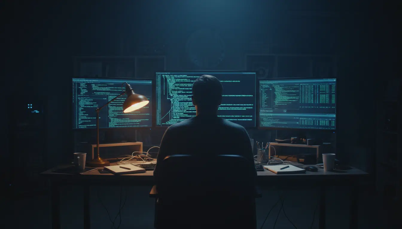 Silhouette mystérieuse devant des écrans de données blockchain