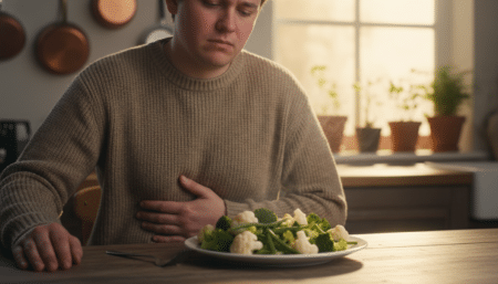 Personne gênée devant une assiette de brocolis et légumineuses