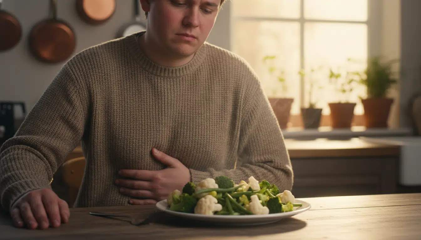 Personne gênée devant une assiette de brocolis et légumineuses