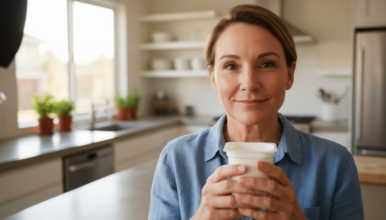 Personne tenant un yaourt nature dans une cuisine lumineuse
