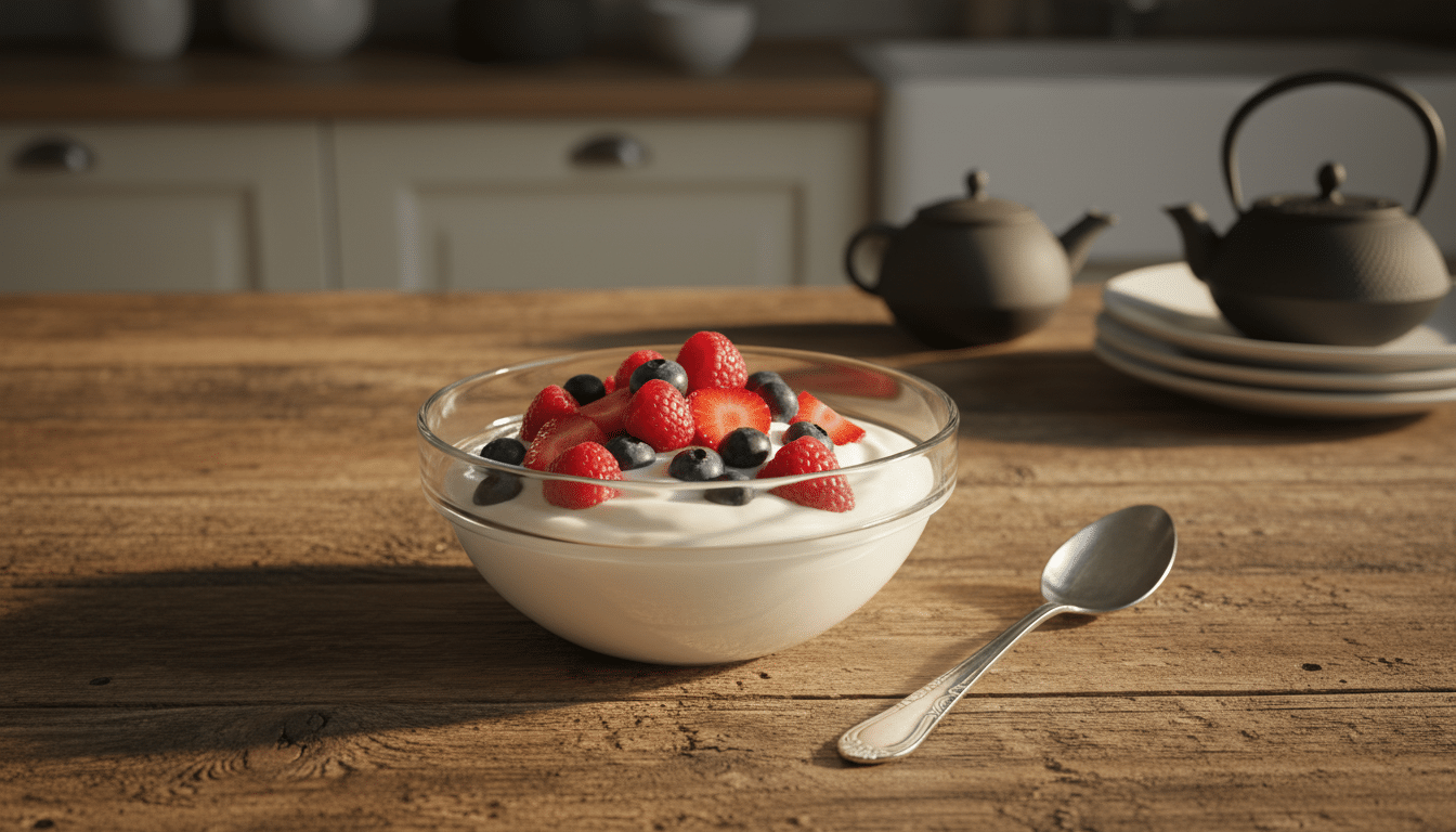 Bol de yaourt nature entier avec fruits sur table en bois