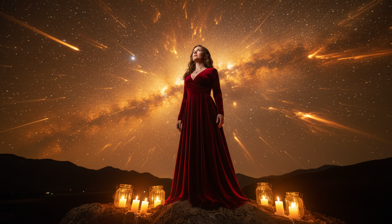 Femme contemplant un ciel étoilé doré et mystique
