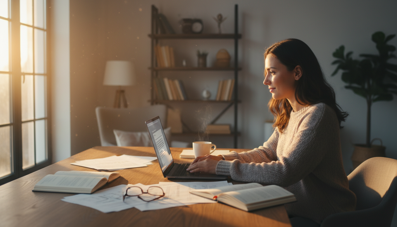 Personne rédigeant un mail important dans une lumière dorée