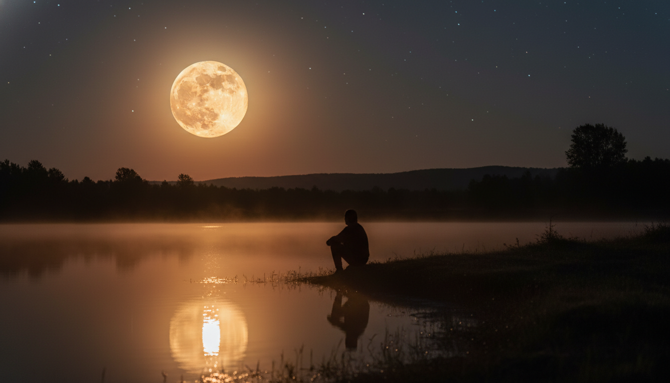 Silhouette contemplative au bord d'un lac sous la pleine lune