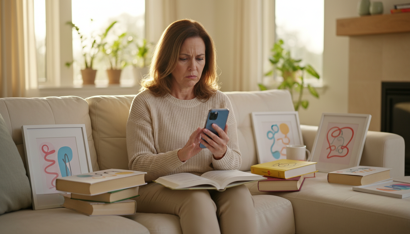 Femme frustrée entourée de livres de développement personnel